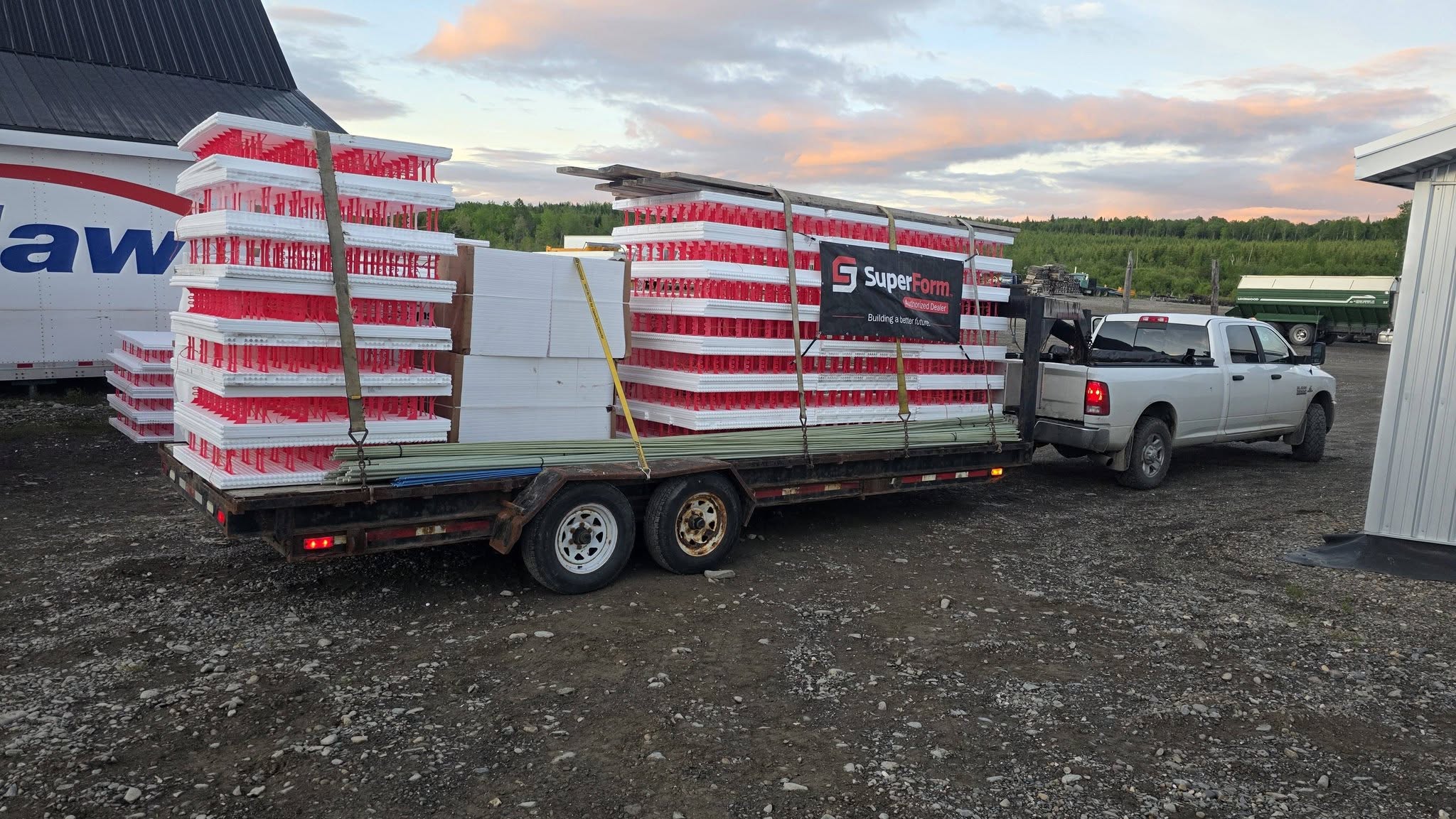 Flatbed trailer loaded with SuperForm ICF blocks